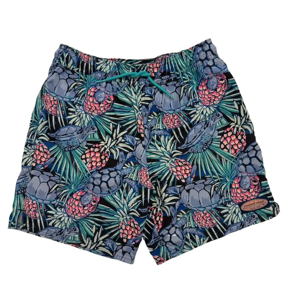 Vineyard Vines Boys Medium Swim Trunks Turtle Pineapple Tropical Blue Mesh Lined